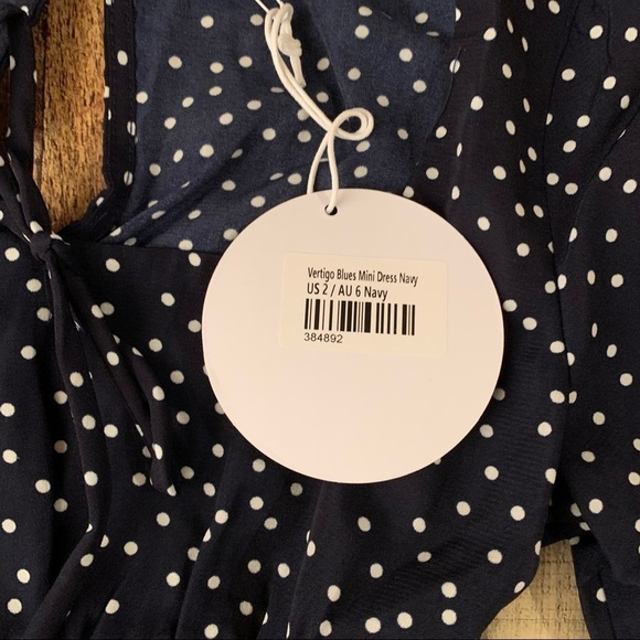 Princess Polly vertigo blues mini dress navy polka dot box cut neckline - 2 - Picture 3 of 8